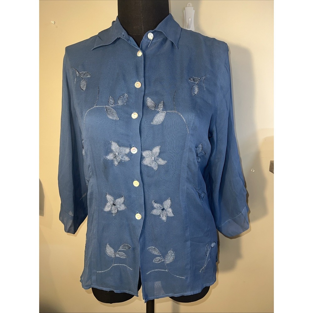 Silk Icon 100% Silk Shear Embroidered Button Up Blouse Teal Petite Large